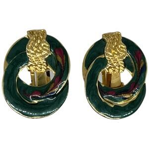 Vintage Enamel Clip-On Earrings, USA Green/Red/Blue/Gold 1" x 1.25"